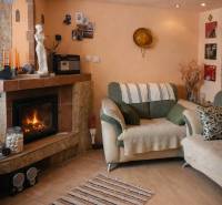 Living room in a family house with a fireplace and a wooden decor floor.