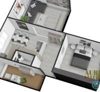 Floor plan of a 2-room apartment with a wood-patterned floor, sofa, bed, and dining table.