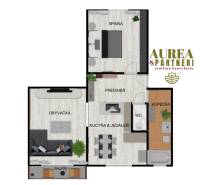 Floor plan of a bright 2-room apartment with a balcony and an area with a wooden decor.