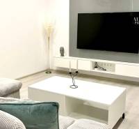 Living room in a two-room apartment with a sofa, TV, and wooden decor flooring.