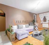 Living room in a three-room apartment with a wooden decor floor and a comfortable sofa.