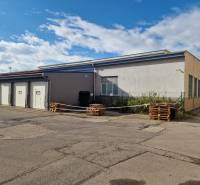 The exterior of warehouses and halls in Žilina with light plaster and pallets.