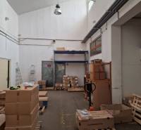 The interior of a warehouse with a high ceiling, cardboard boxes, and pallets on the floor.