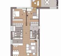 Floor plan of a 3-room apartment with a terrace and wooden decor flooring.