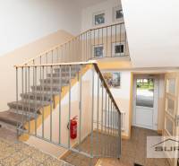 A staircase in an apartment building with a fire extinguisher and a painting on the wall.