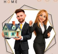 Animated characters present a model of a house and a key with Bee Home services.