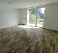 A spacious room with a wooden decor floor and a large window in a family house.
