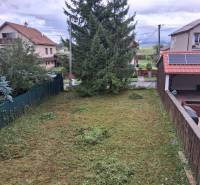 A garden at a family house in Ľubela with a well-maintained lawn and dense trees.