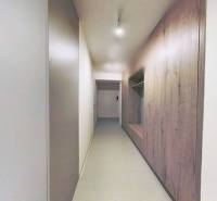 A hallway in a 2-room apartment with a built-in wardrobe and a wooden decor floor.