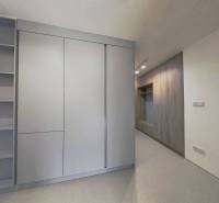 Storage spaces in a 2-room apartment with shelves and a wooden decor floor.