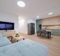 Living room in a family house with a wood-patterned floor and a kitchenette.