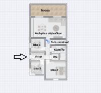 The floor plan of the family house includes a kitchen with a living room, three rooms, and a terrace.