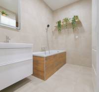 A bathroom in a family house with a bathtub, plants, and cabinets, with a wooden decor floor.
