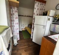 A kitchen in a cottage with a wooden decor floor, a refrigerator, cabinets, and curtains with flowers.