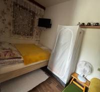The interior of the cabin includes a bed, a cabinet, a fan, and a floor with a wooden decor.