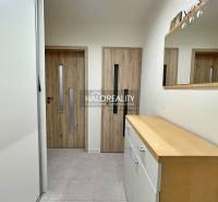 Hallway of a 2-room apartment with sliding doors, wood-patterned flooring, and a mirror.