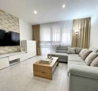 Living room in a two-room apartment with a sofa, television, and wooden decor flooring.