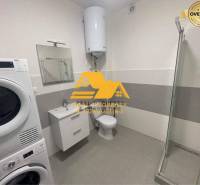 Bathroom with a shower, washing machine, and sink in a 3-room apartment.