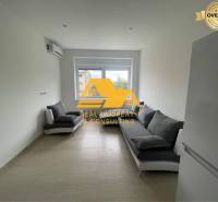 A living room in a 3-room apartment with two gray sofas and a white refrigerator.