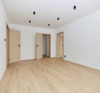 A spacious room in a 3-room apartment with a wood-decor floor and light-colored doors.