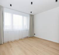 A room in a 3-bedroom apartment with a wooden decor floor and a large window with curtains.