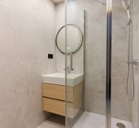 Bathroom in a 3-room apartment with a glass shower enclosure and a modern sink.