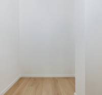 White wall and floor with wood decor in a 3-room apartment.