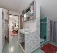 A bathroom in a family house with a shower and a view of the dining room.