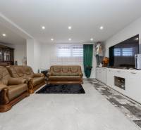 Living room in a family house with leather sofas and a large television.