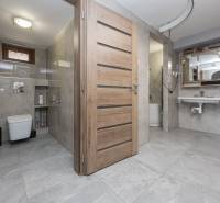 Bathroom in a family house with ceramic tiles, toilet, and sink.