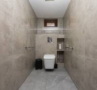 Bathroom in a family house with ceramic tiles and a toilet.