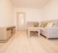 Living room in a 3-room apartment with a sofa and wooden decor flooring.