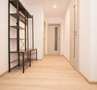 Apartment hallway with shelves and wooden decor flooring, 3-room apartment.