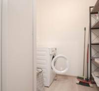 Laundry room in a 3-room apartment with a washing machine, shelf, and cleaning supplies.