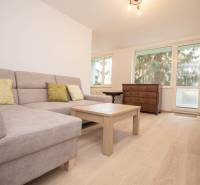Living room with a sofa, table, and wooden decor flooring in a 3-room apartment.