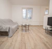 Living room in a two-room apartment with a sofa, table, and television on a floor with a wooden decor.
