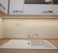 A kitchen countertop with a wood decor and a white sink in a 2-room apartment.