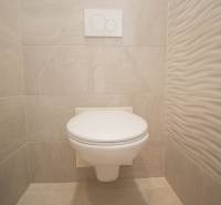 A bathroom in a two-room apartment with a white toilet and light tiles.