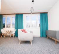 Living room in a 4-room apartment with blue curtains and gray furniture.