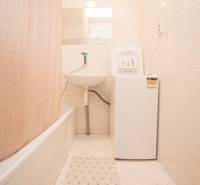 A bathroom with a shower curtain, a sink, and a washing machine in a 4-room apartment.