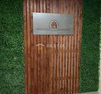 A wall made of wood and greenery with a logo. Suitable for a 2-room apartment.