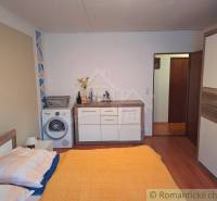 Bedroom in a family house with a washing machine, wardrobe, and wooden floor decor.