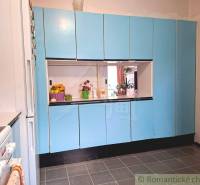 A kitchen in a family house with blue cabinets and white appliances.