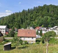 A family house in Liptovské Revúce surrounded by greenery and other houses against the backdrop of a forest.