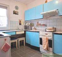 A kitchen in a family house with blue cabinets and a tiled wall.