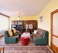 Living room in a family house with sofas, armchairs, a display cabinet, and a carpet.