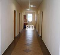 Hallway in an office with tiles, doors, and a window, interior lit by artificial light.