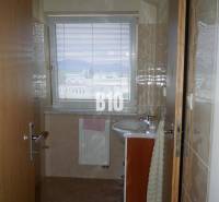 Bathroom with a sink, window with a view, radiator, tiles, offices.