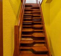 Wooden stairs and yellow walls in a 5 or more room apartment.