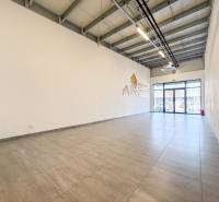 Interior of commercial spaces with large-format windows and light flooring.